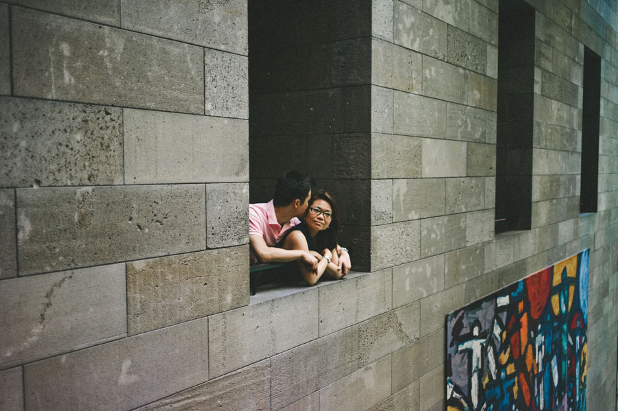 Engaged melbourne couple in NGV window