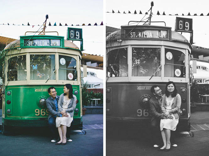 Engagement couple posing in front of Melbourne tram