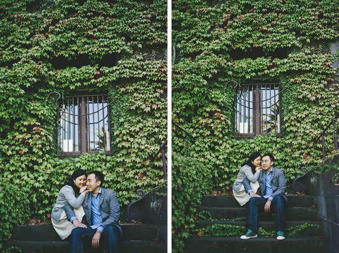 Engagement couple posing in front of Barracks building