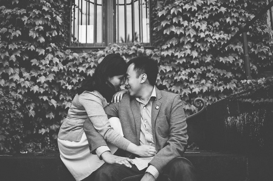 Engagement couple intimate in front of Barracks building