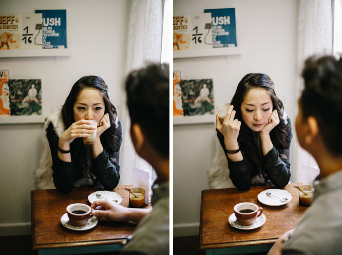 Bride drinking coffee little king cafe Flinders Lane