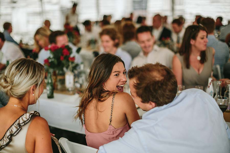 Guests smiling Melbourne farm wedding
