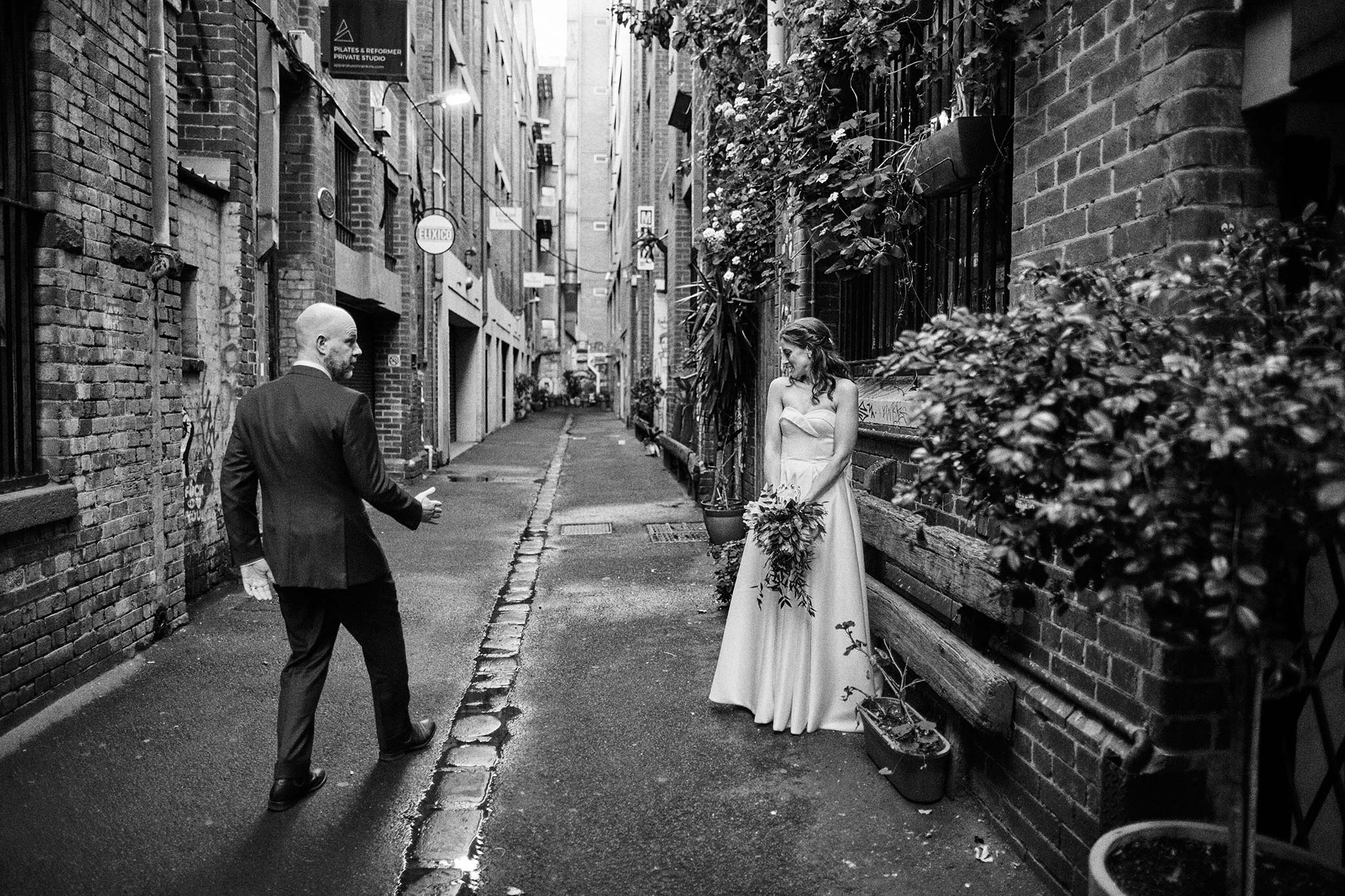 Melbourne Wedding Hardware Lane alley portrait bride groom candid